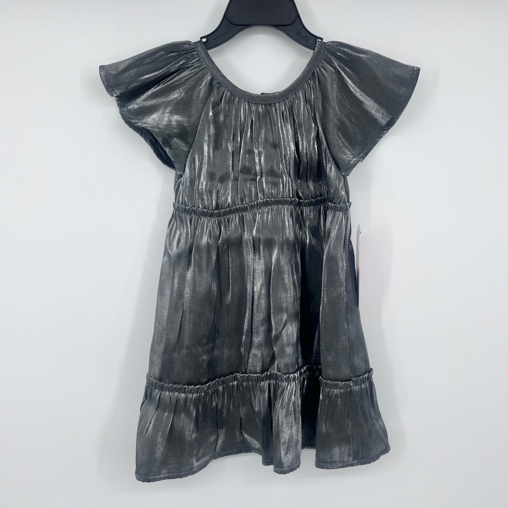 Gunmetal Silver Metallic Tiered Flutter Sleeve Dress Girls 2T Holiday Festive